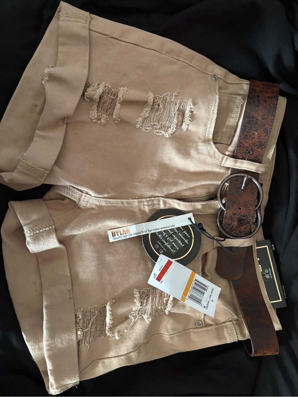 Dollhouse Tan Distressed Jean Shorts with Brown Belt